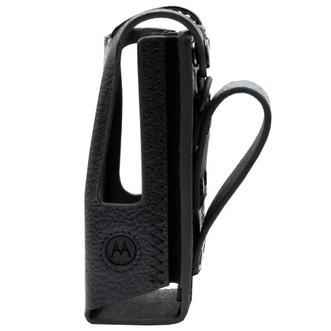 Étui en cuir noir avec logo Motorola, ouverture latérale, boucle de ceinture en haut.