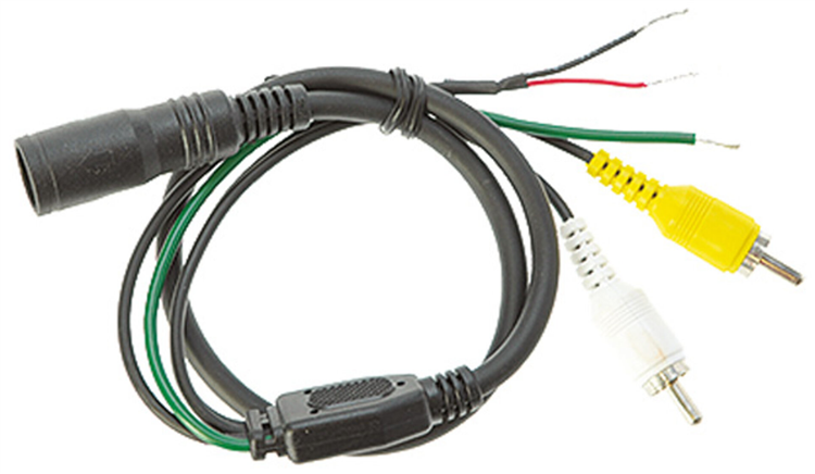 Een kabel met zwarte, rode, gele en witte connectoren, losse uiteinden.