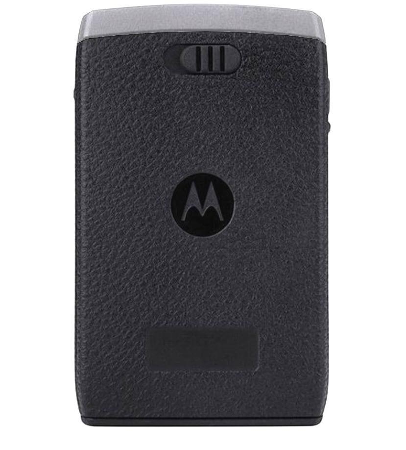 Zwarte pager met Motorola-logo en grijze bovenkant.