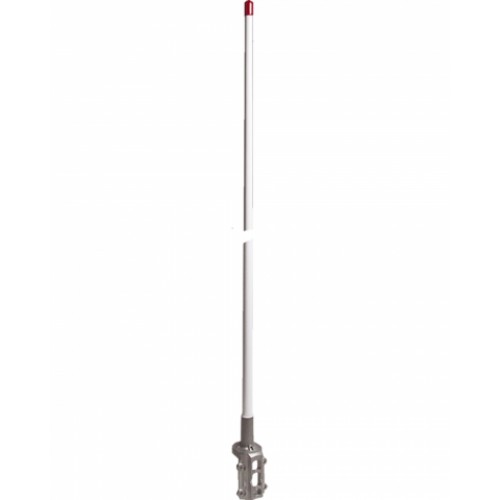 Longue antenne blanche extérieure avec capuchon rouge et base métallique.