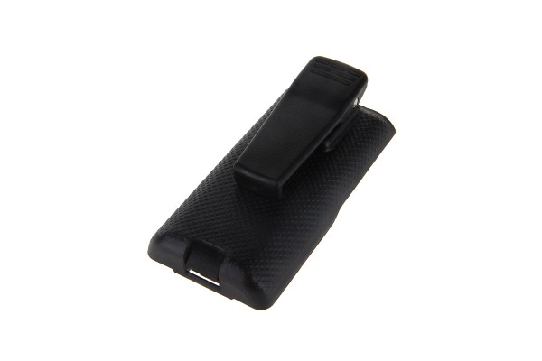 Zwarte plastic telefoonhoes met riemclip.