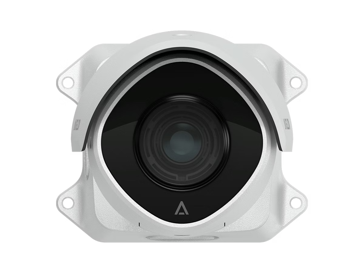 Witte bewakingscamera met ronde lens, gemonteerd.