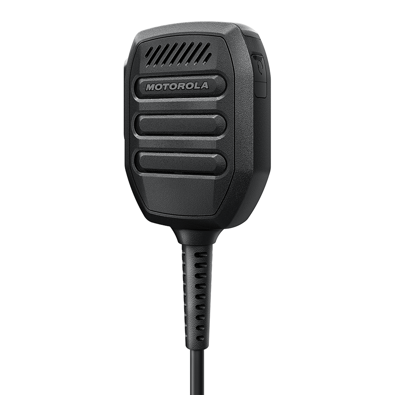 Zwart handmicrofoon met snoer en merknaam.