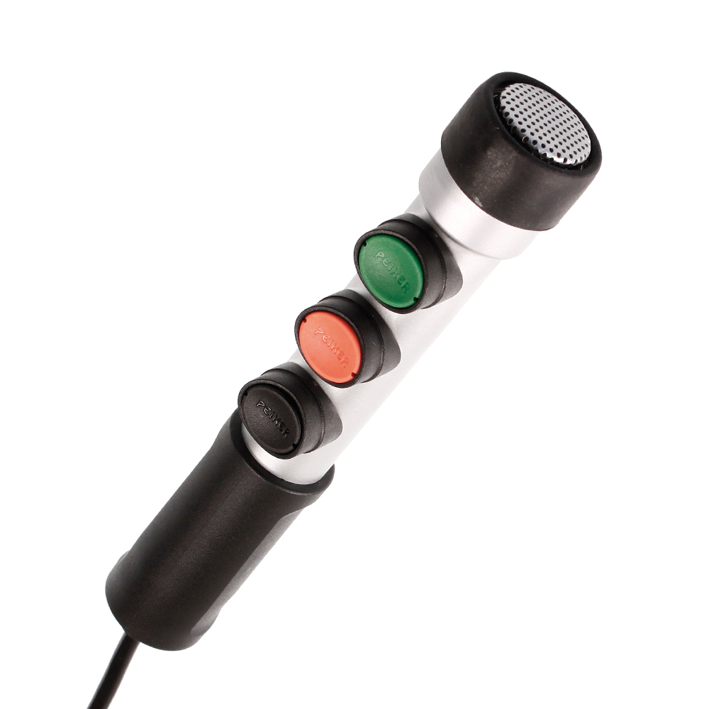 Microphone with three colored buttons: red, green, black.