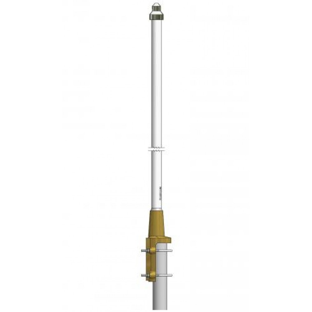 Technische tekening van een witte verticale antenne met gouden beugel.