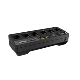 Black charger with six slots, LED indicators.
