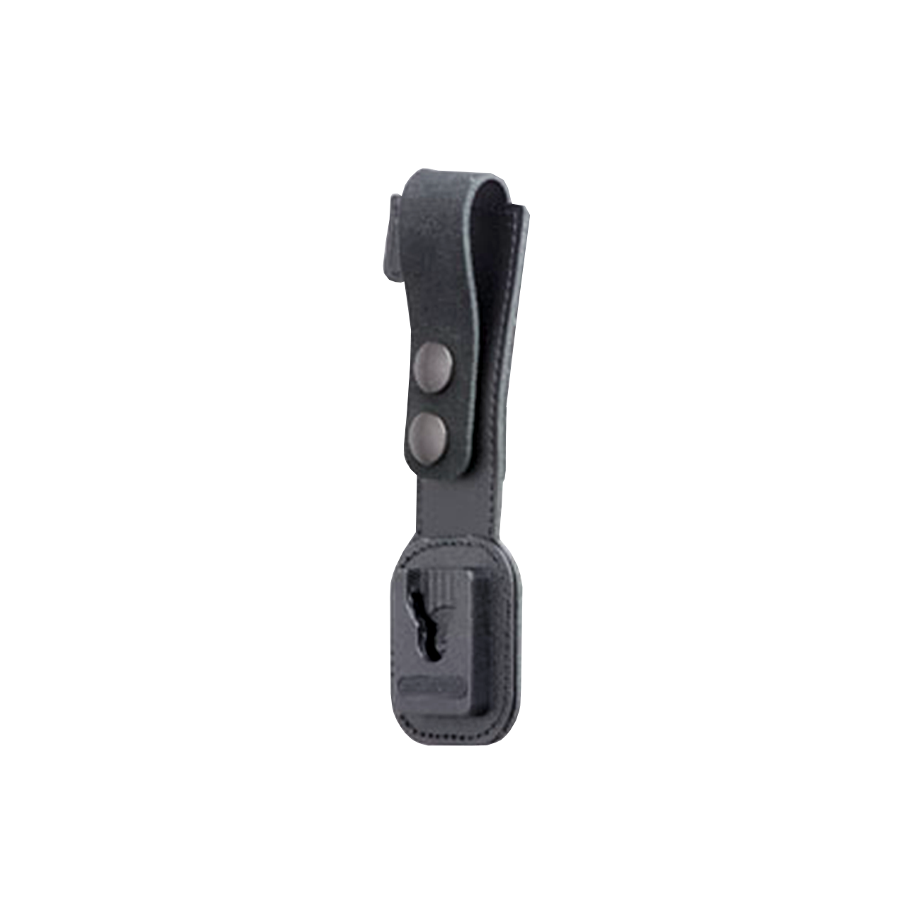 Black leather holder with snap buttons and belt clip.