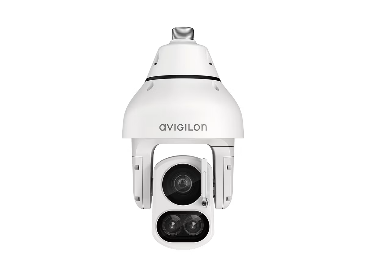 White security camera with cylindrical housing, three lenses.