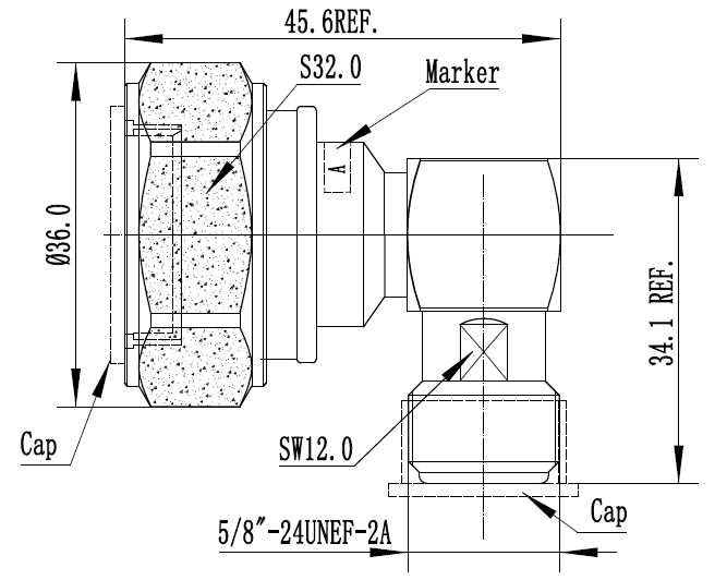 Technische tekening van een mechanisch onderdeel met maten en labels.
