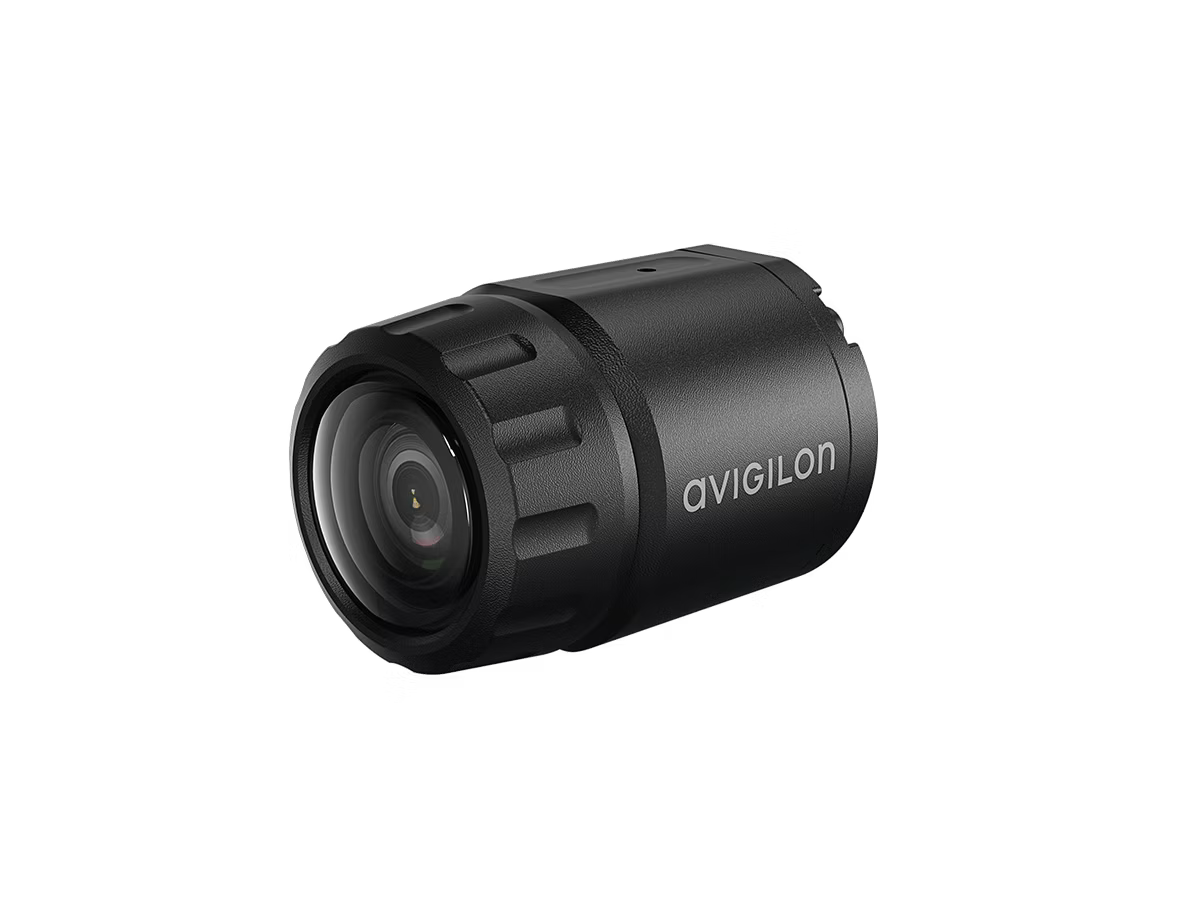 Black surveillance camera with Avigilon logo on side