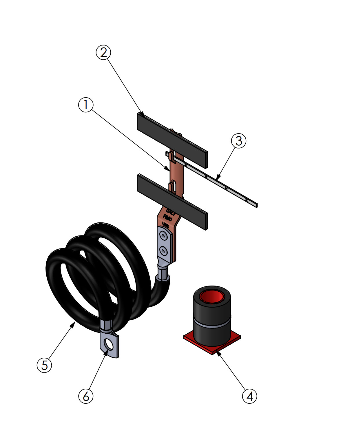 Exploded view van een elektrisch onderdeel met kabel, klemmen en isolatoren.