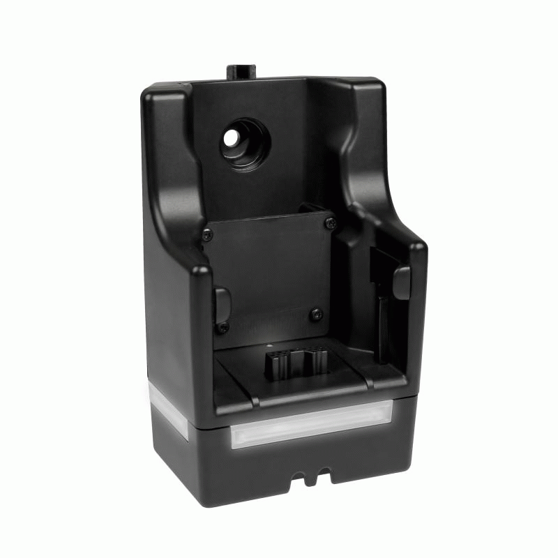 Support en plastique noir avec ouverture et fentes sur les côtés.