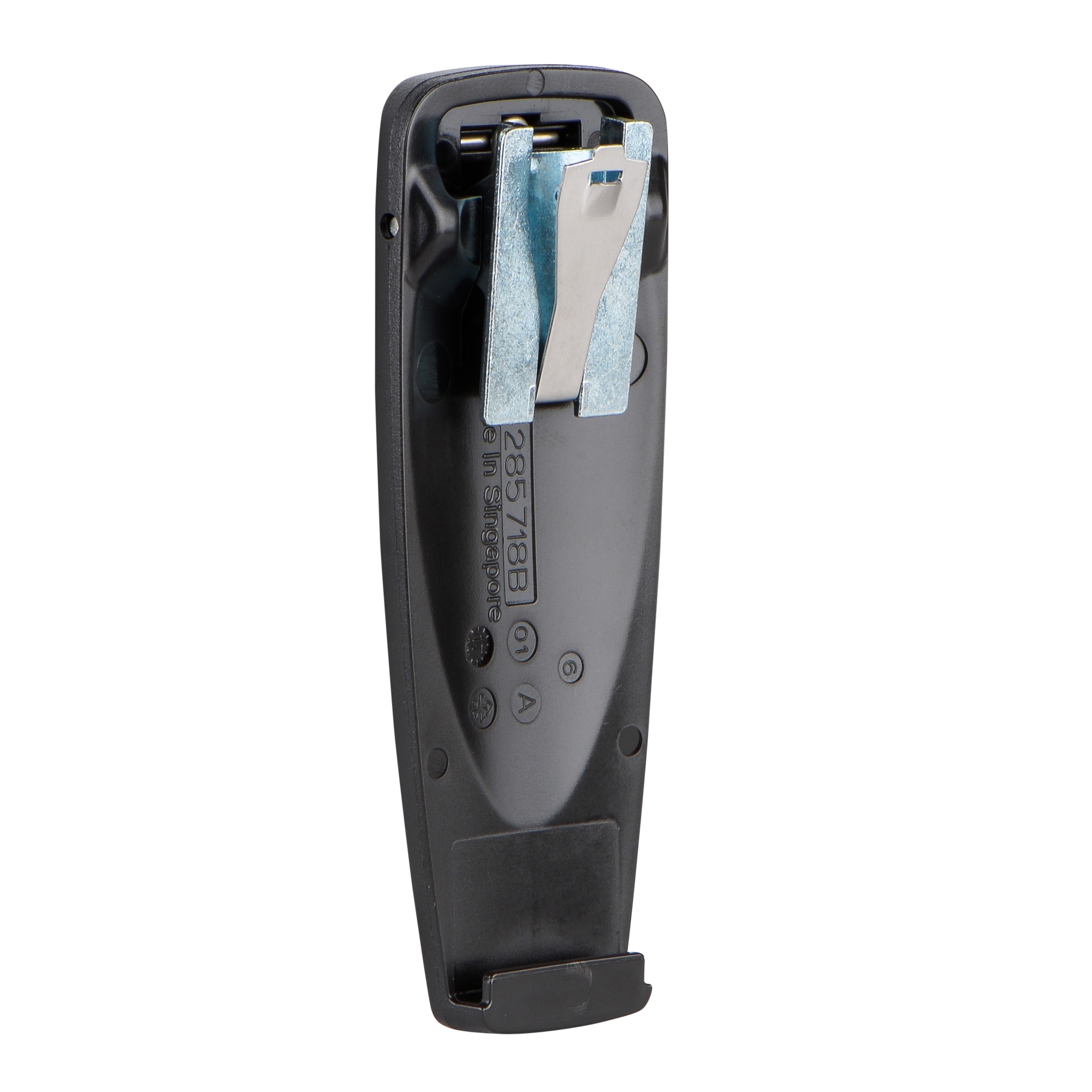 Remote control with metal clip and serial number on the back.