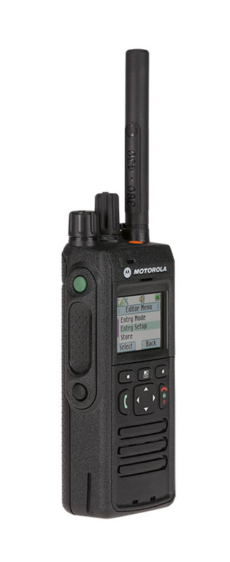Black handheld radio with display and antenna.