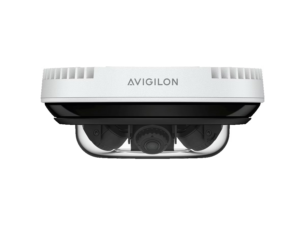 Caméra de surveillance blanche à plusieurs lentilles.