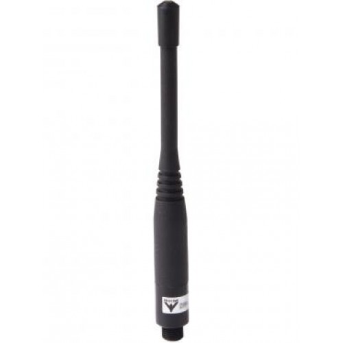 Zwarte rubberen antenne met schroefdraadconnector beneden.