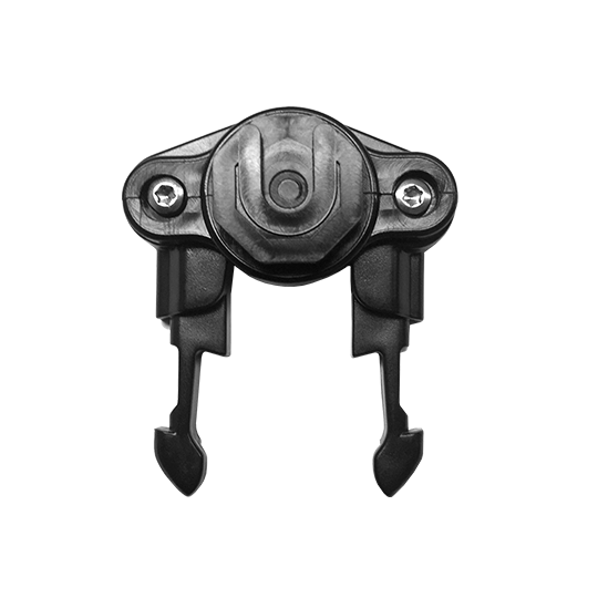 Support en plastique noir avec deux crochets et vis.