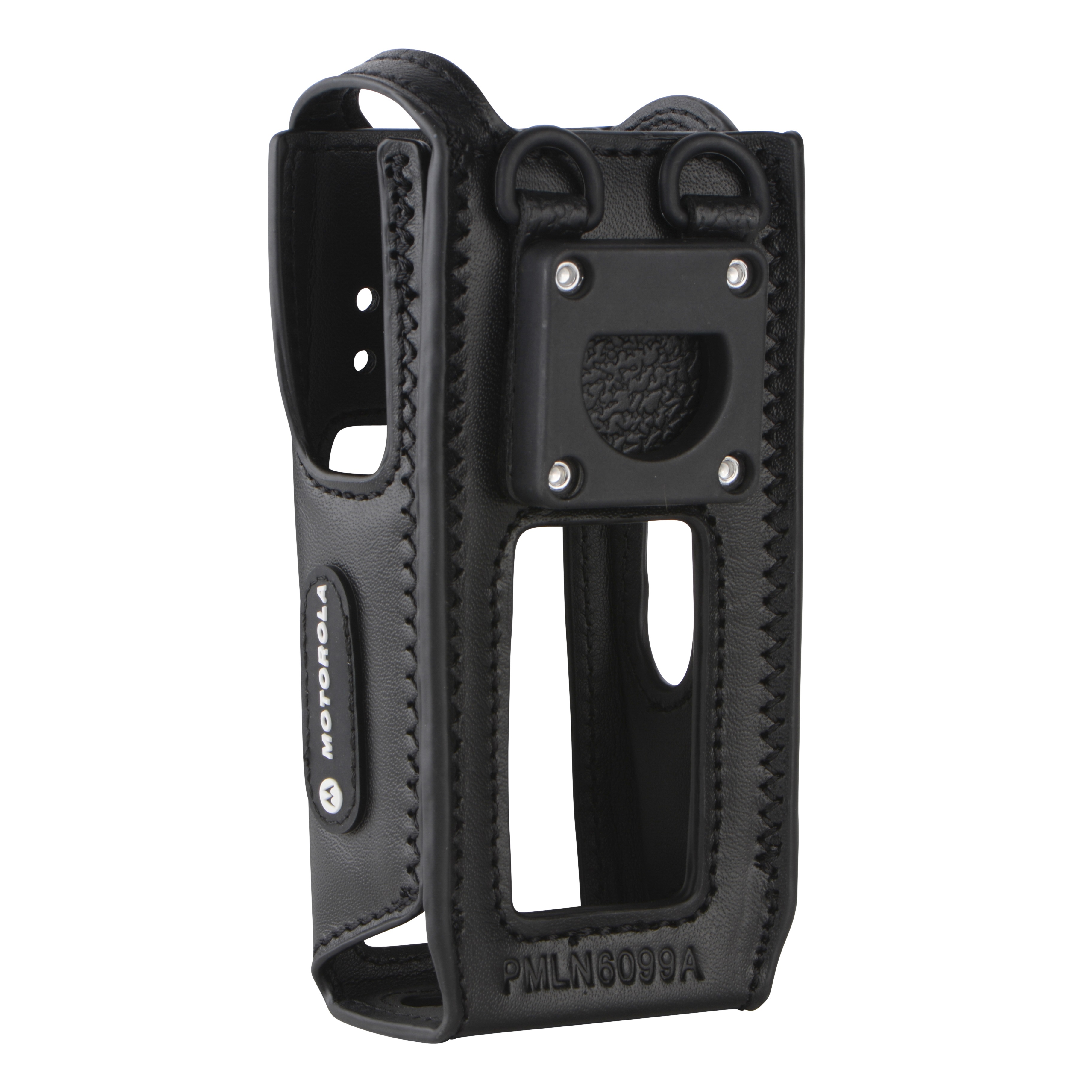 Étui radio en cuir noir avec découpes et boucle de ceinture.