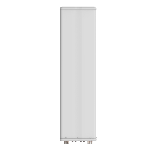 Verticaal gerichte, langwerpige witte antenne met aansluitingen aan de onderkant.