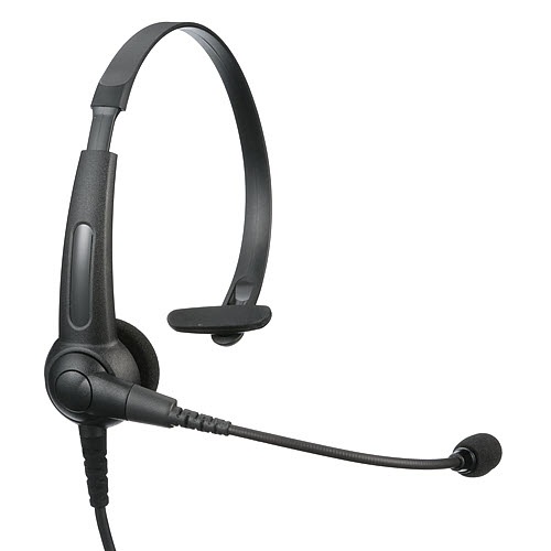 Casque noir unilatéral avec bras de micro et bandeau réglable.