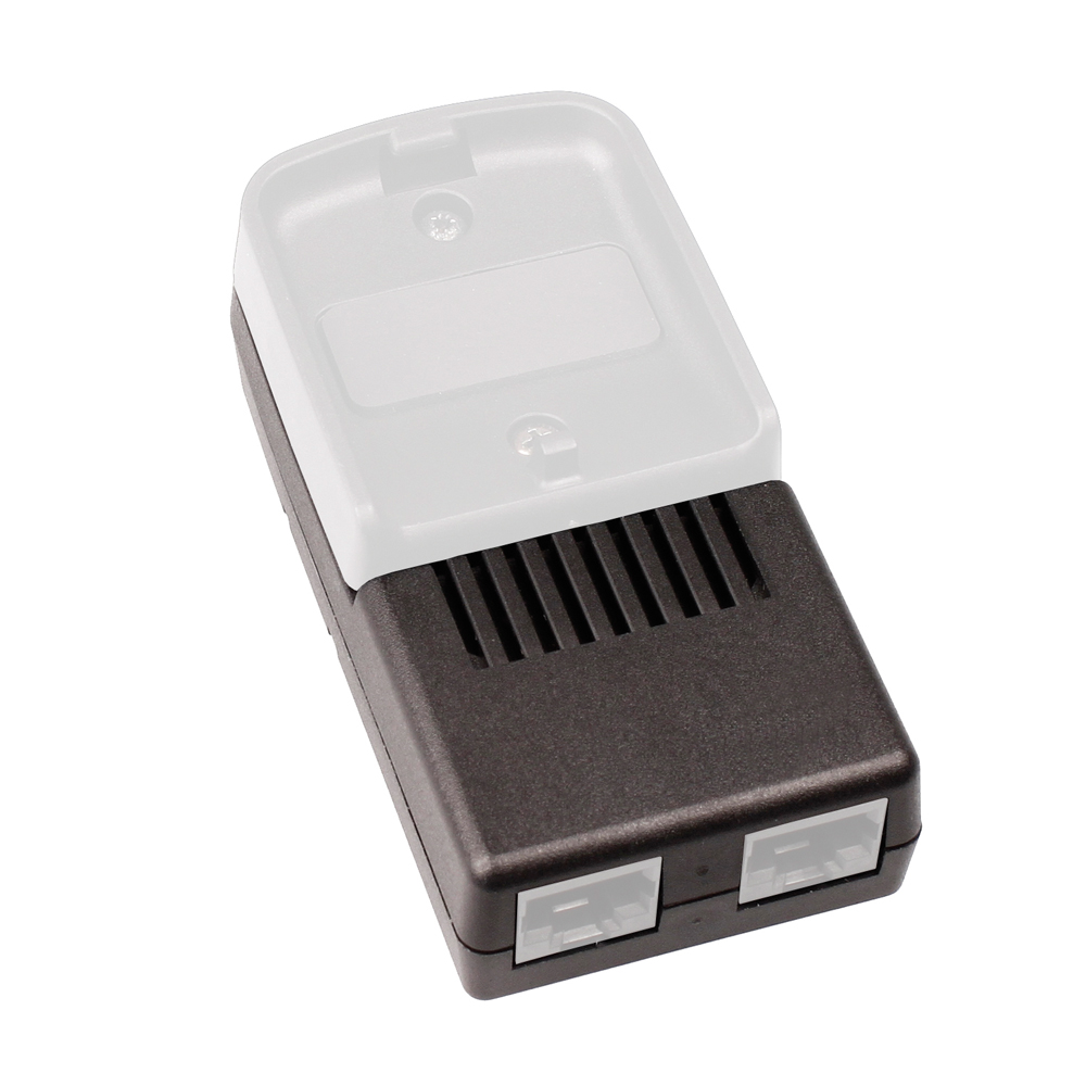 Black plastic case with ventilation slots and two USB ports.