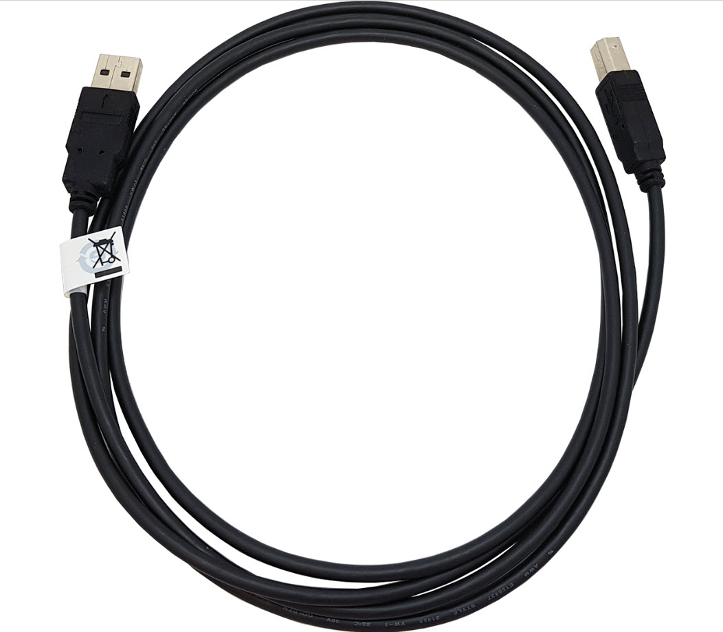 Black USB cable with two plugs, partially coiled.