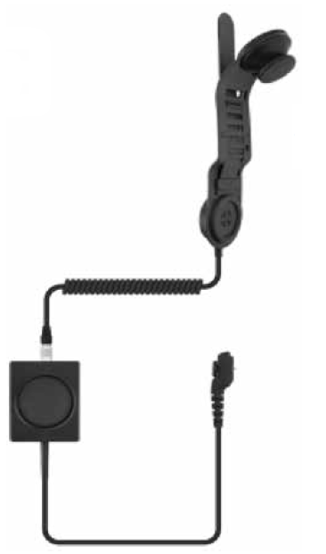 Zwart-grijze headset met microfoon en afneembare kabel voor helmbevestiging.