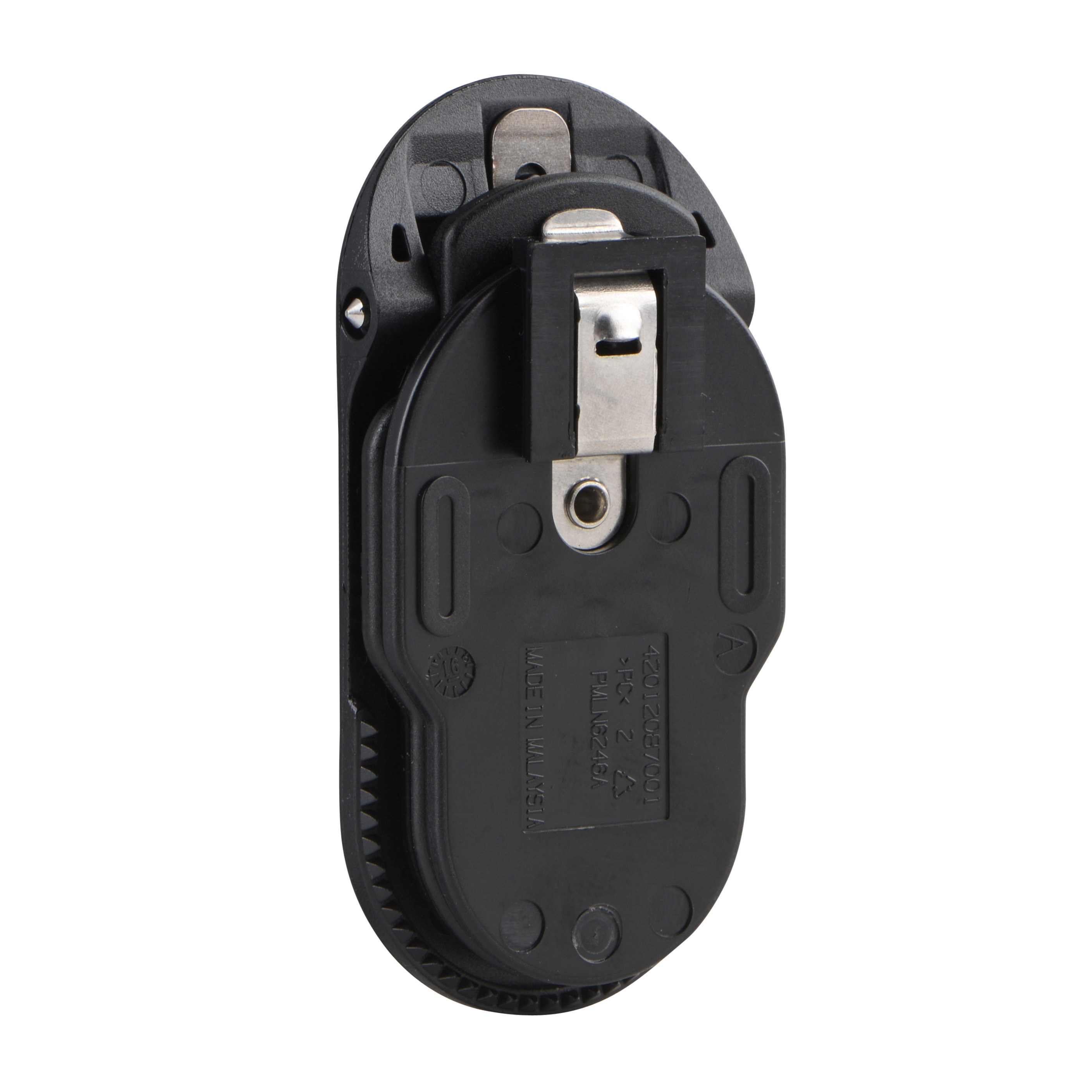 Support ovale en plastique noir avec clip en métal en haut.