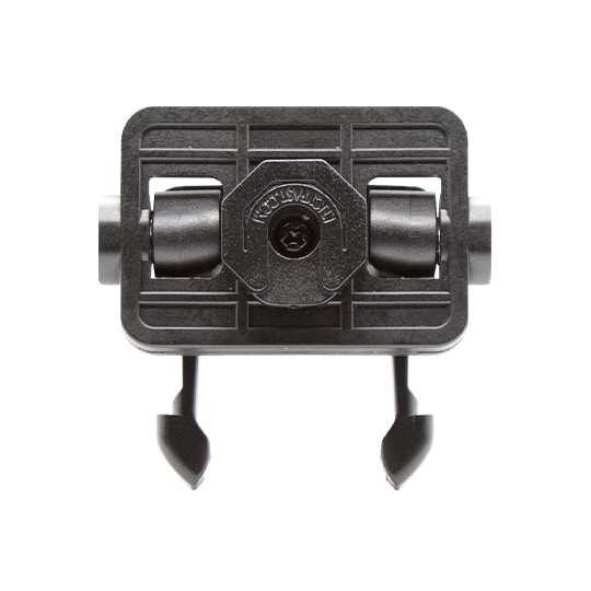 Plastic holder with grooves and two connectors.