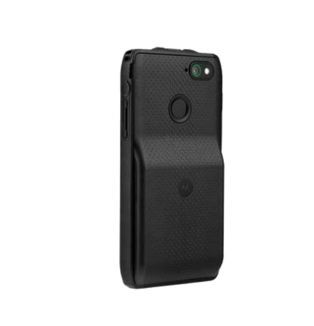 Zwarte smartphonehoes met camera en vingerafdrukscanner aan de achterkant.