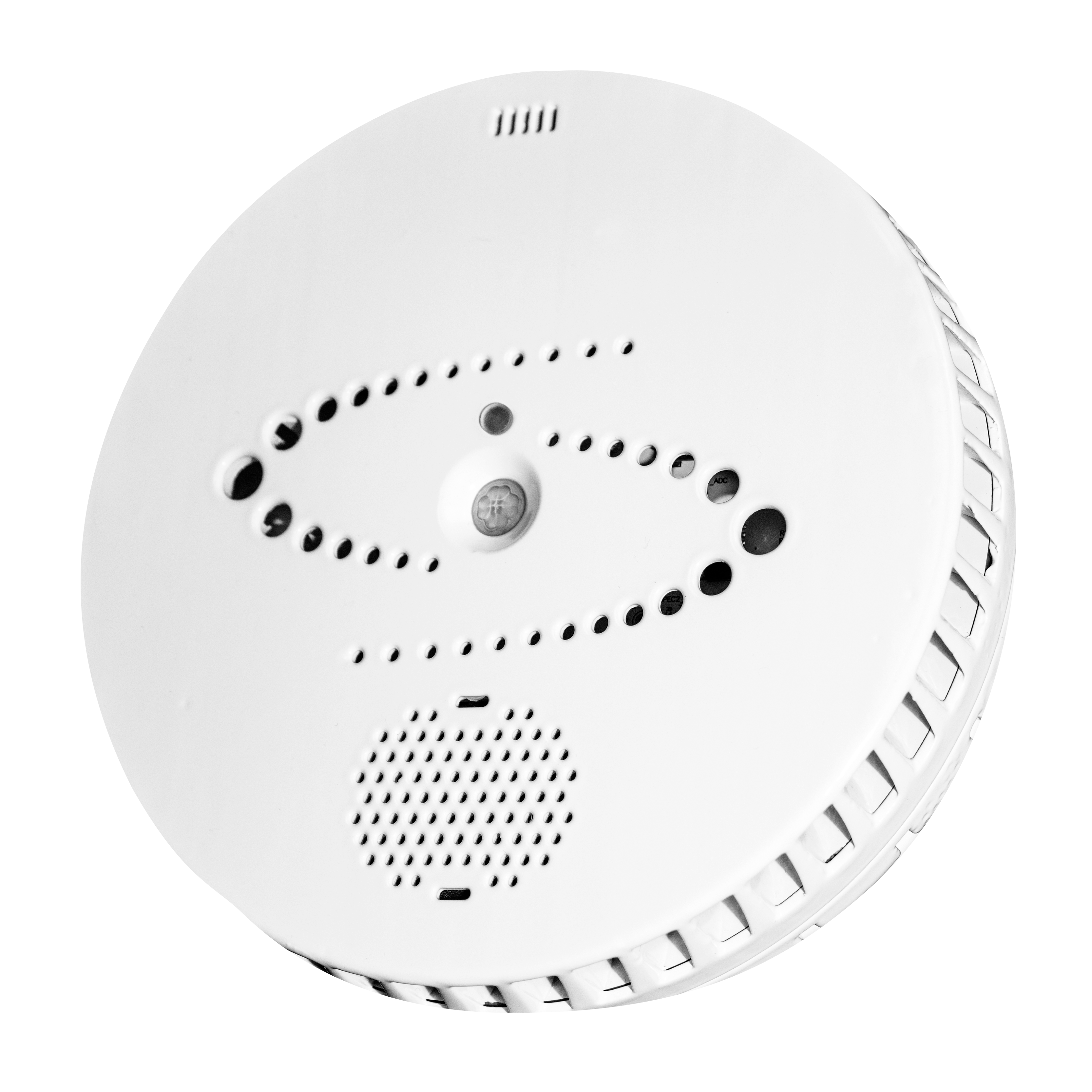 Ronde witte rookmelder met ventilatiesleuven.