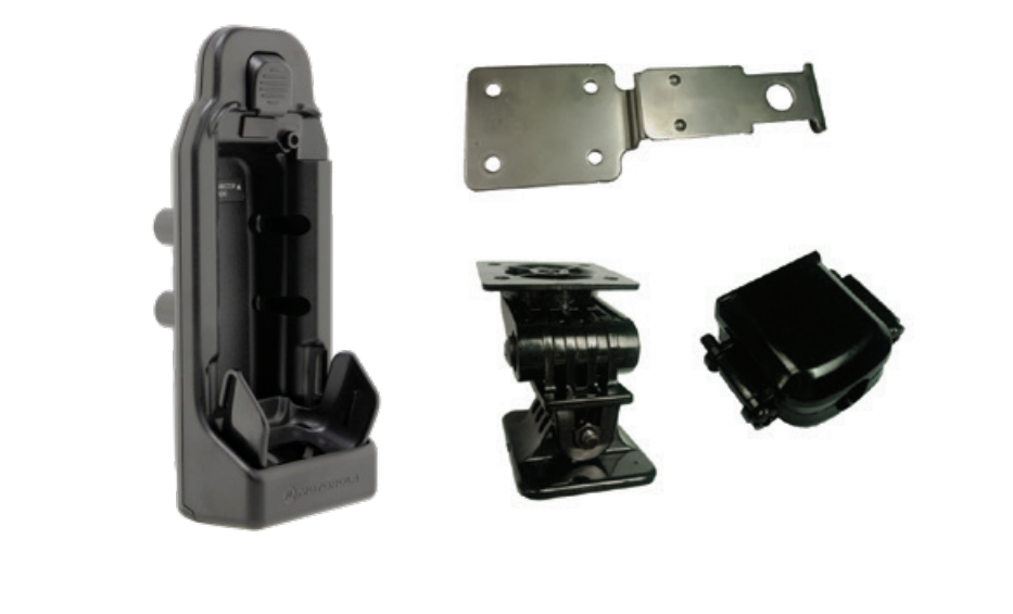 Black bracket with mounting accessories, including holder and clamp.