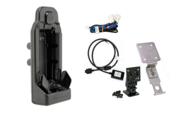 Black glossy holder and various cables with connectors, including mounting accessories.