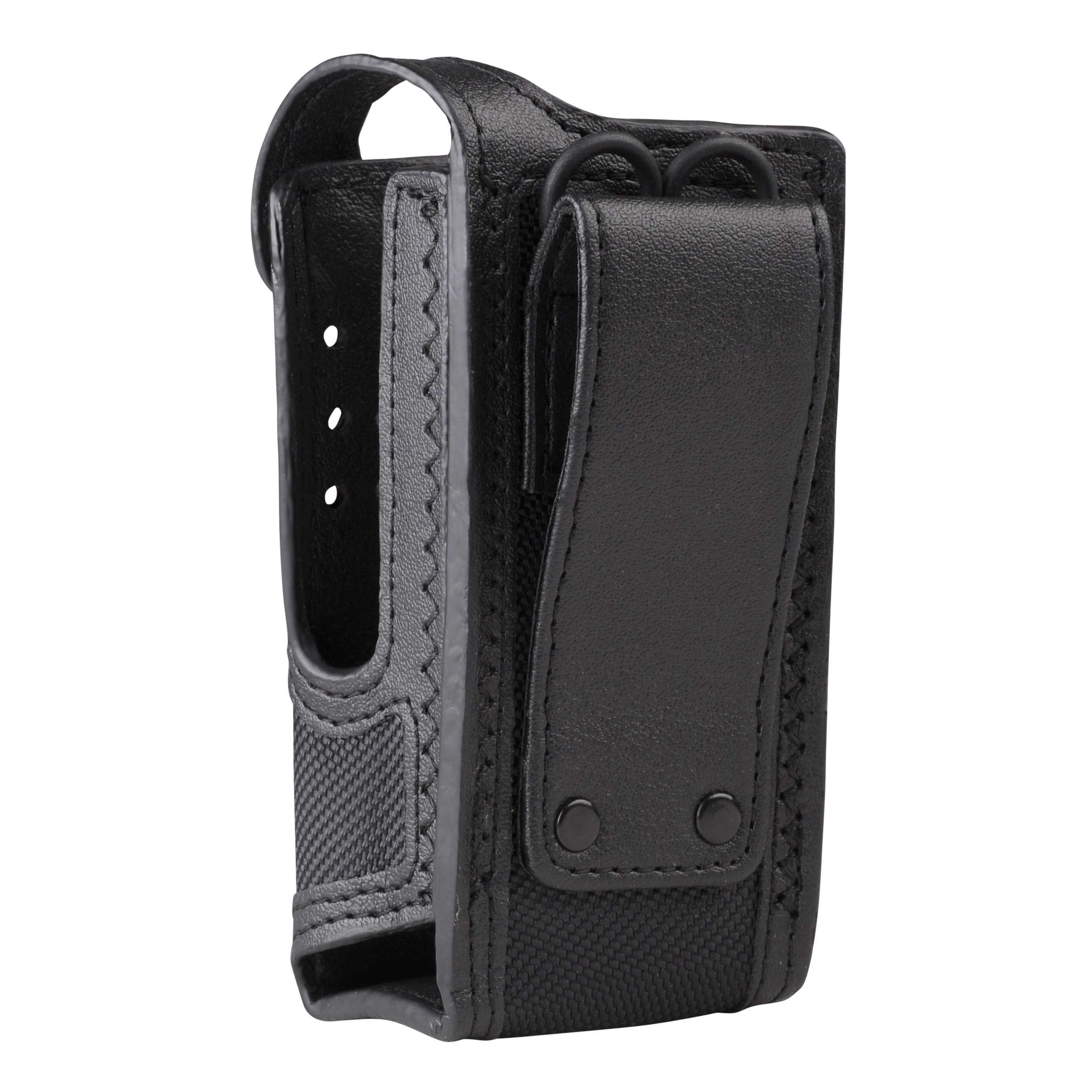 Black leather case with belt loop and open sides.
