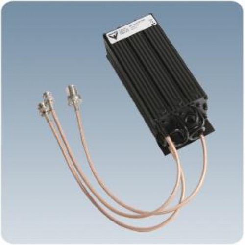 Metal device with cables and connectors against blue background.