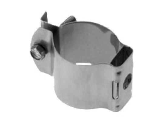 Metal pipe clamp with screws and brackets, cylindrical shape.