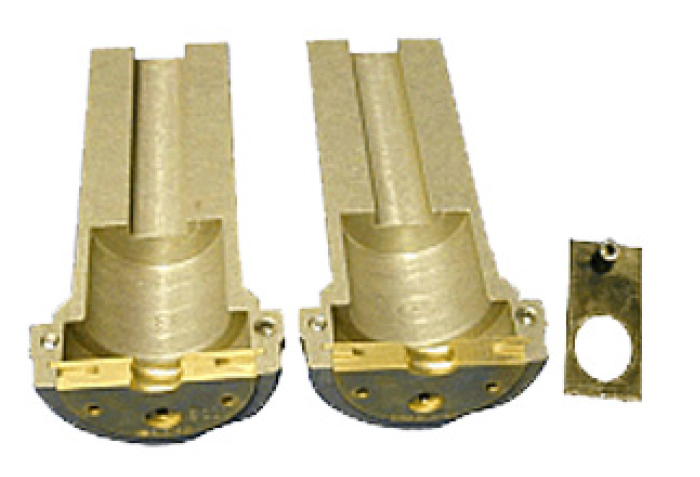 Two gold metal parts and a rectangular plate with a round hole.