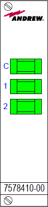White label with three green rectangles, blue text C, 1, 2; top inscription: Andrew