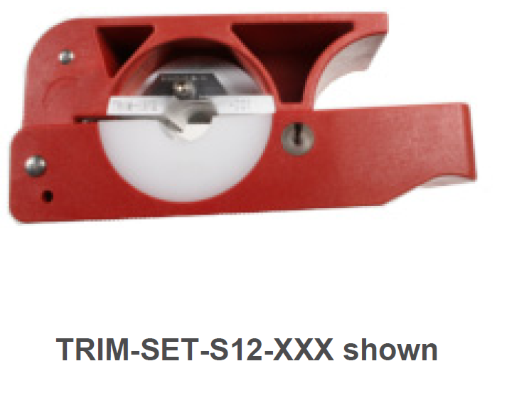 Red cutting tool with white wheel, labeled TRIM-SET-S12-XXX.