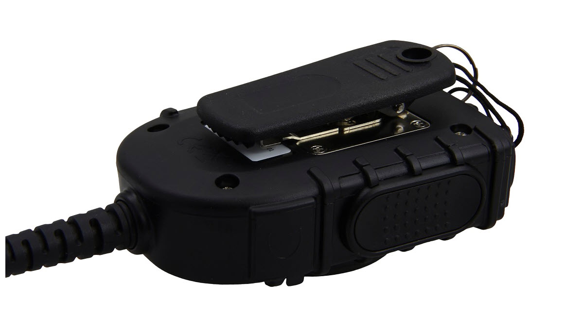 Appareil rectangulaire noir avec câble et clip, peut-être une radio.