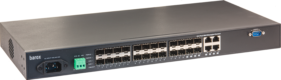 24-poorts netwerkschakelaar met Gigabit Ethernet-poorten en voeding.