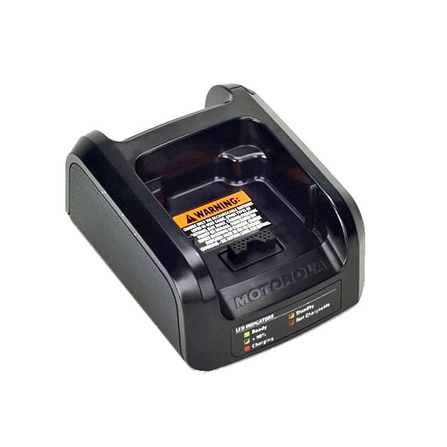 Zwarte oplader met LED-indicatoren, waarschuwingslabel bovenop.