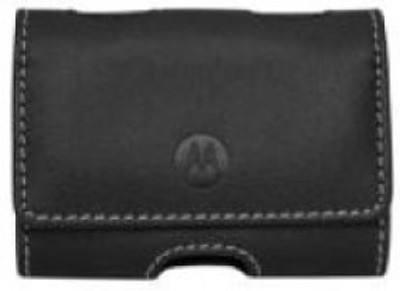 Black leather phone case with magnetic closure and logo.