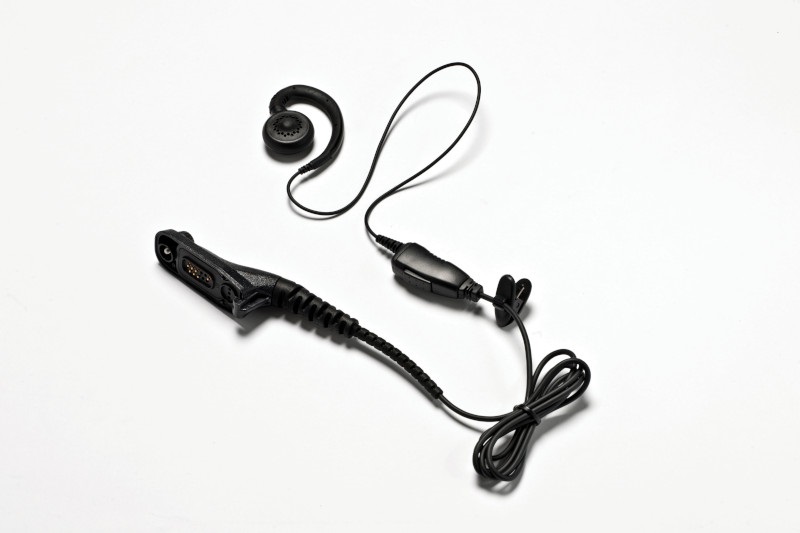 Black earbud headset with cable and microphone.