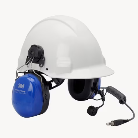 Casque de sécurité blanc avec casque antibruit bleu et microphone câble.