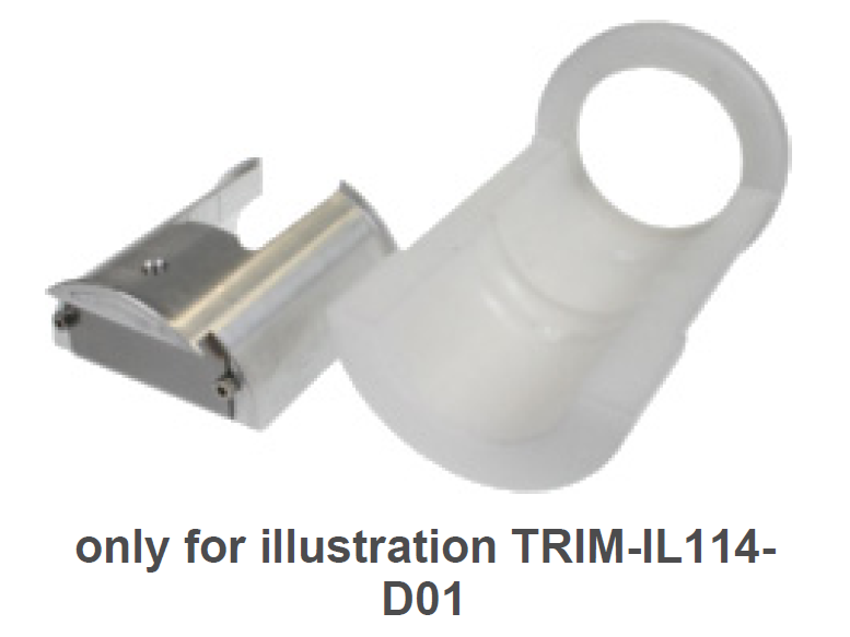 7000-00666500_rfs_01.png Metaal- en kunststofdeel met rond gat, tekst: TRIM-IL114-D01, alleen voor illustratie.