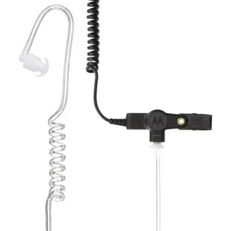 Transparante radio-oortelefoonset met spiraalkabel en microfoon.