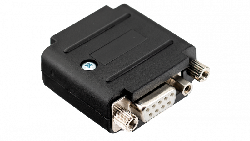 Zwarte DVI-naar-VGA-adapter met twee schroeven aan de zijkanten.