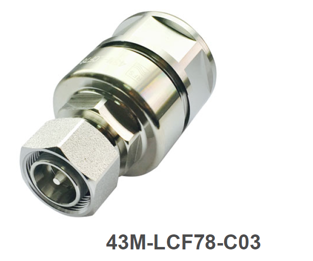 Metal coaxial connector with product code 43M-LCF78-C03.