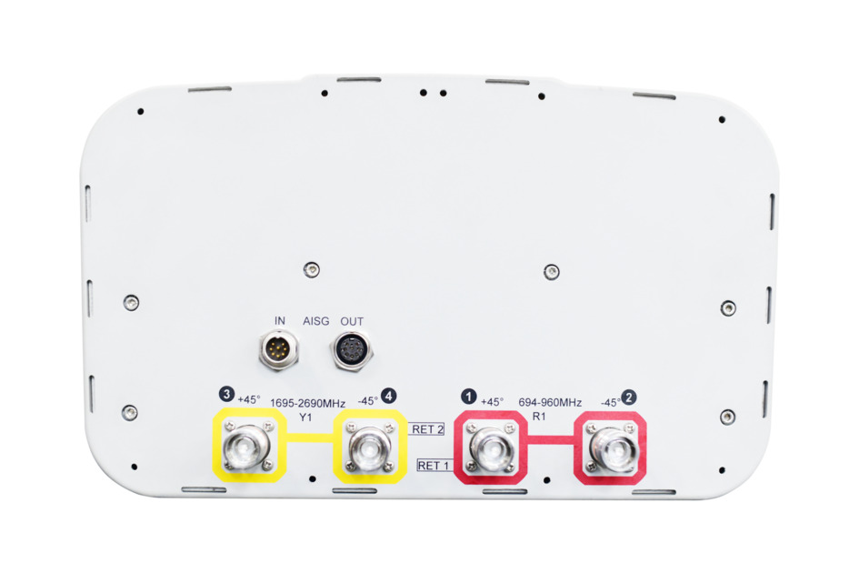 Appareil technique avec connecteurs et plages de fréquences, étiquettes jaunes et rouges.